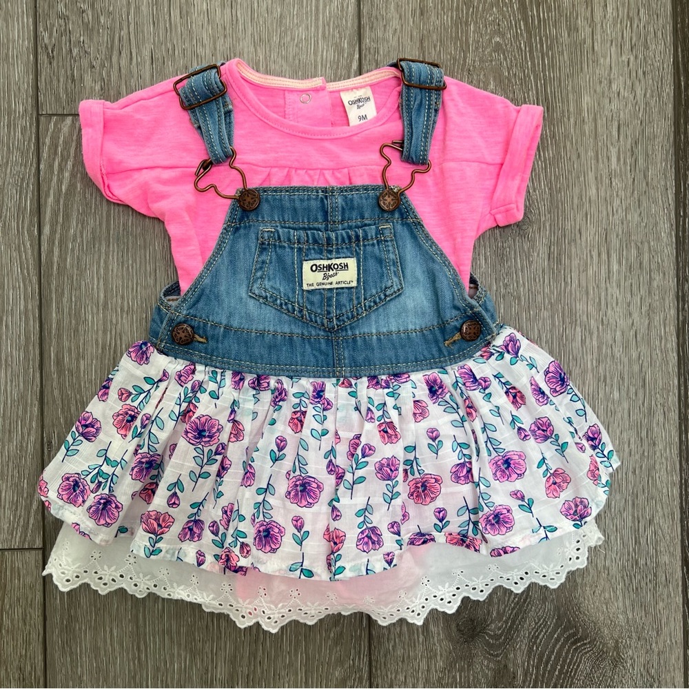 OSHKOSH 2PC SHORT SLEEVE BODYSUIT AND JUMPER OUTFIT 9MO